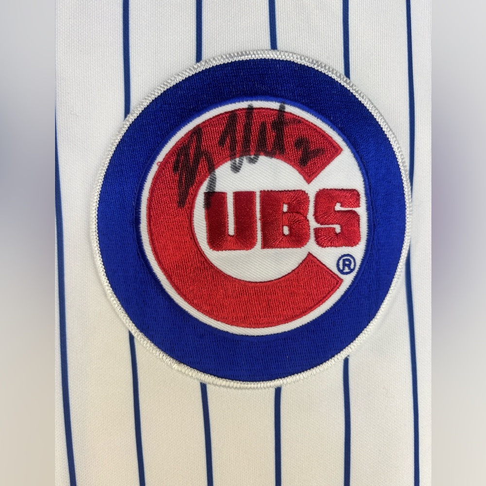 AUTOGRAPHED Cubs White Striped Baseball Jersey: “The Riot” (Ryan Theriot)